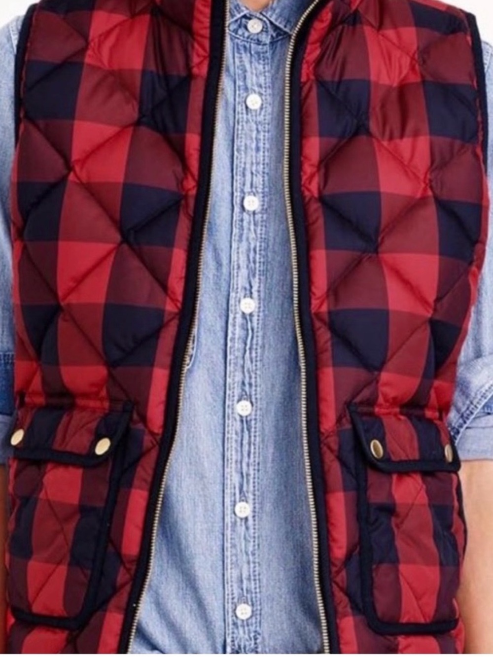 J Crew Excursion Puffer Vest Red Buffalo Plaid Navy Blue Down Fill Womens - Picture 3 of 11